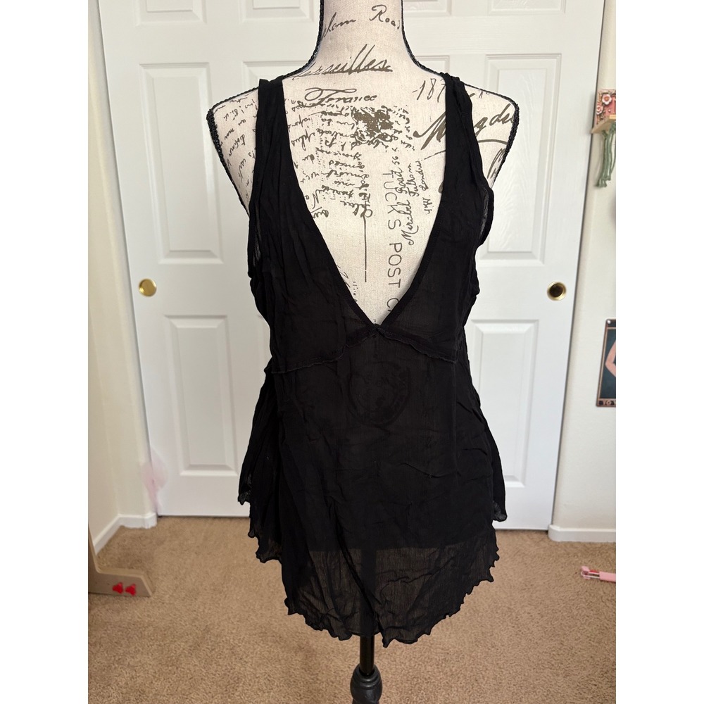 Free People Intimately Gauze Deep V-Neck Tiered Ruffle Tank Top Black Medium - Picture 1 of 5